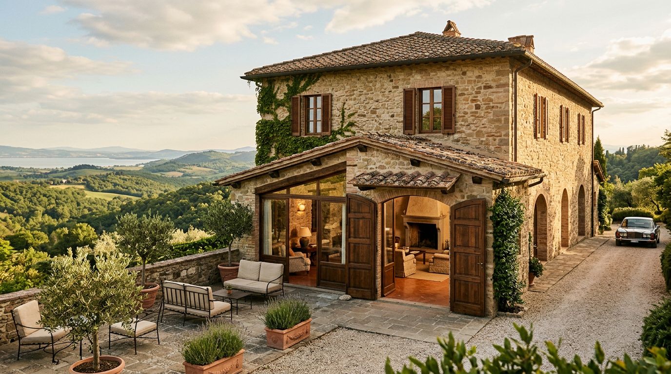 Ampio casale vista lago Trasimeno con santuario