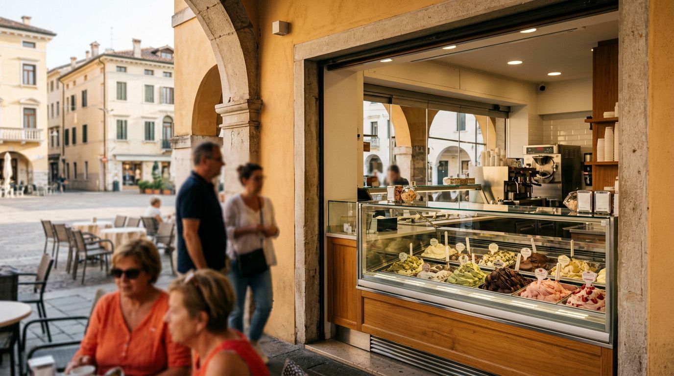 Gelateria artigianale con plateatico in posizione strategica